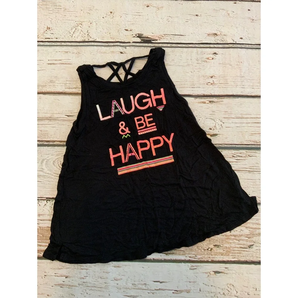 Justice Girls Black Laugh & Be Happy Glitter Graphic Tank Top Lattice Back Sz 7